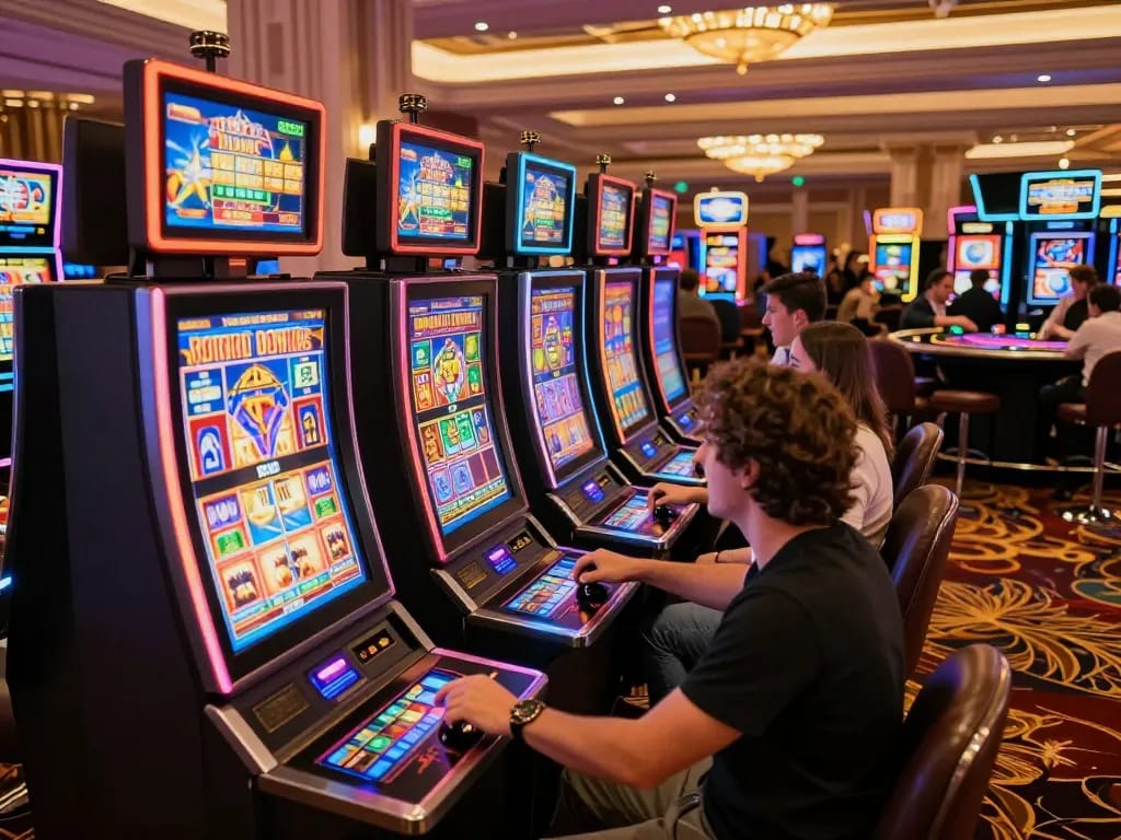 Players enjoying the thrilling slot machines at Sunwin's vibrant casino floor.