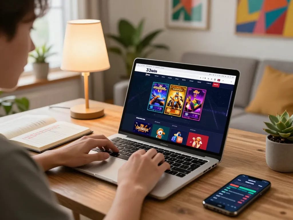 Gambling enthusiast using the 33win com platform on a laptop, enjoying online casino games in a cozy home setup