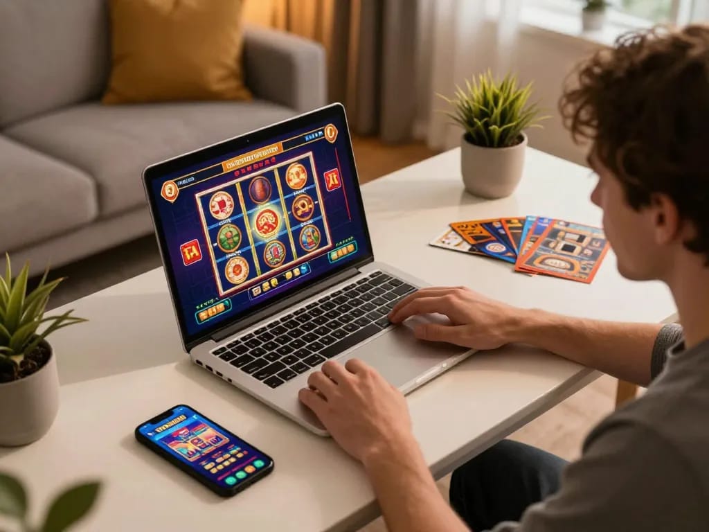 Engaging gamer exploring Trang chủ SC88 online casino setup on a laptop at home.