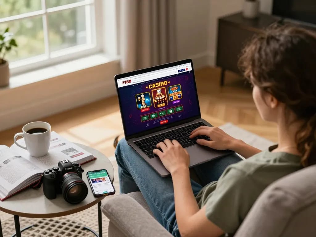 Engaged player enjoying F168 casino games on a laptop at home, showcasing strategic gameplay.