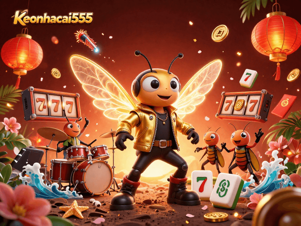 Immerse in the excitement of keonhacai555 with a vibrant 3D casino illustration featuring a rock star theme.