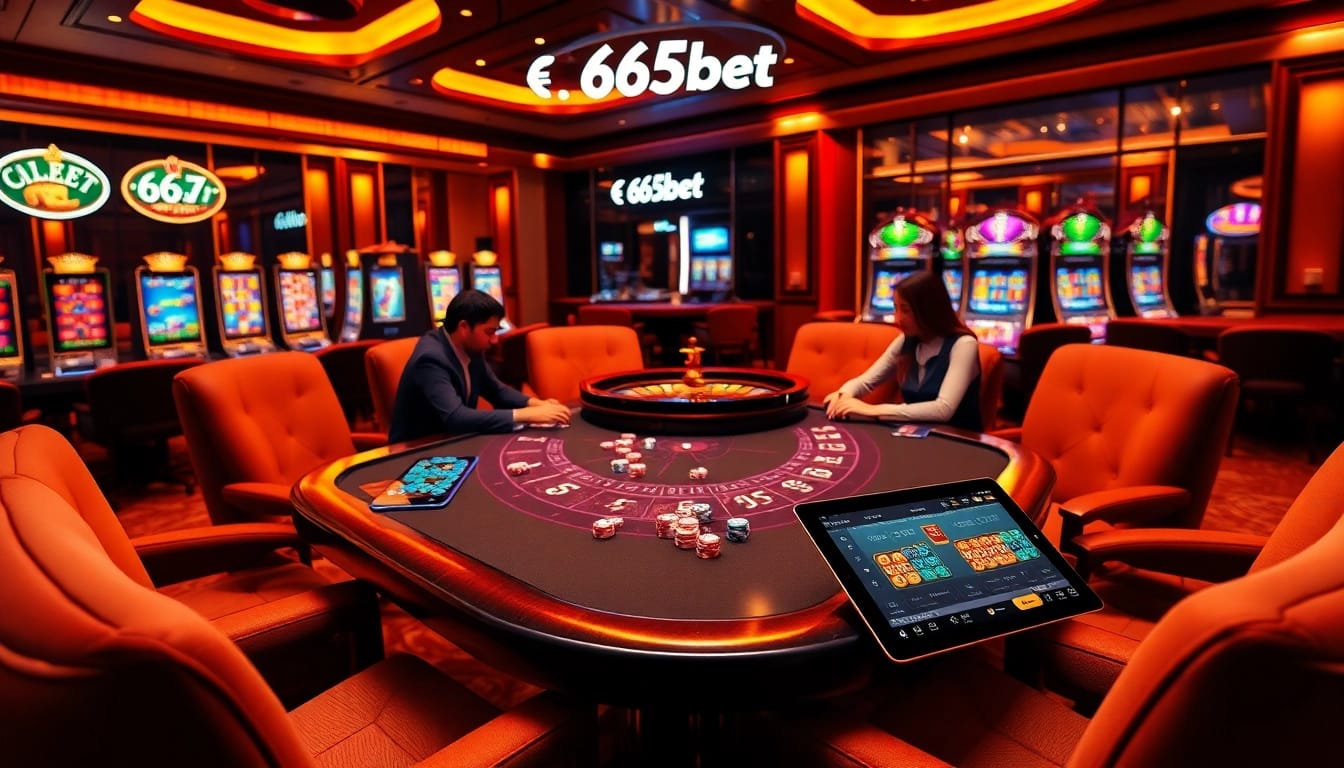 Engaging casino ambiance with 667bet elements showcasing poker and roulette excitement.