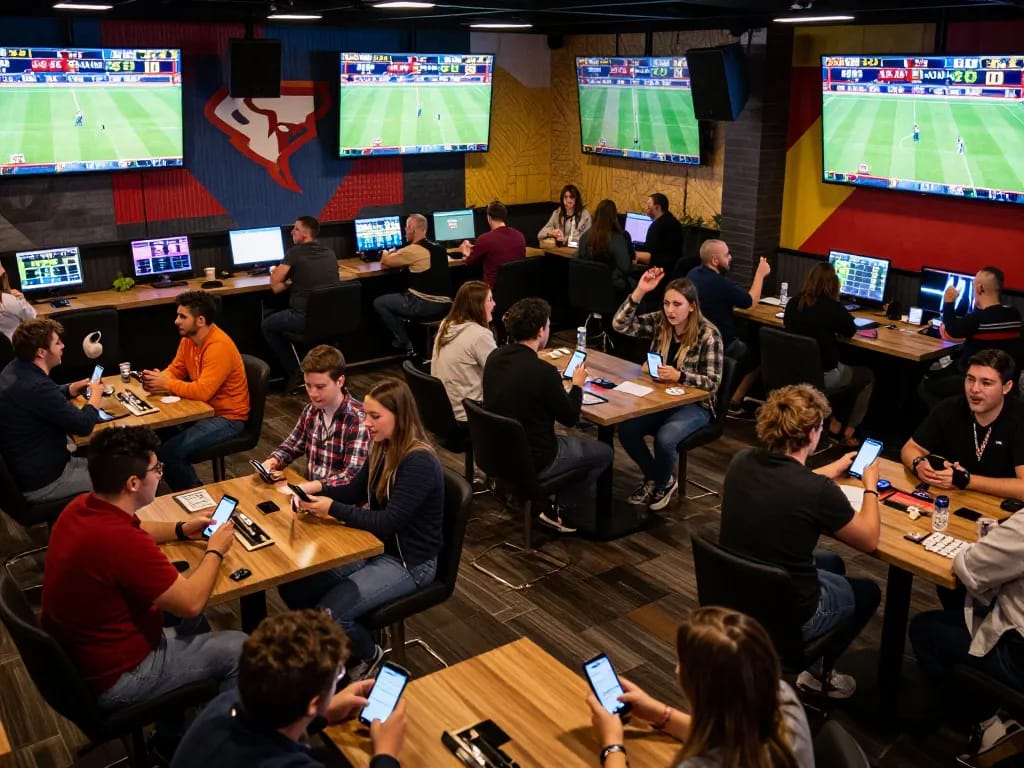 Excited bettors placing wagers on live sports events at mk8th, enjoying the vibrant atmosphere of the betting venue.