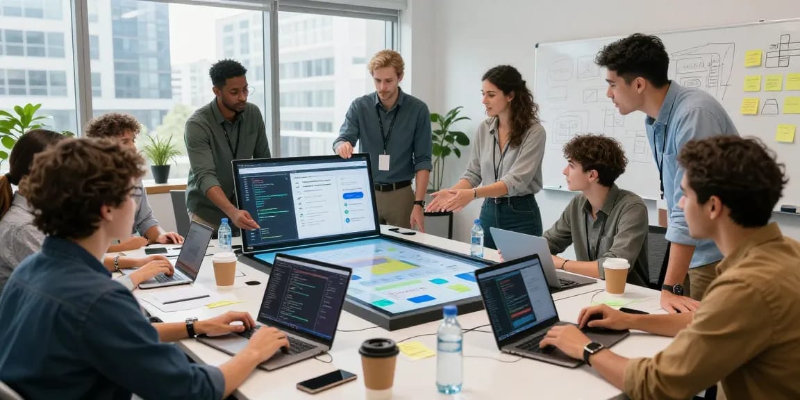 Team collaborating to build internal tools with AI in a modern office.