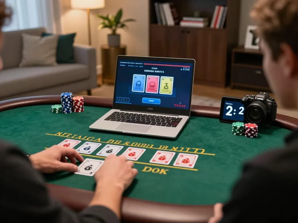 Player engaging in live dealer blackjack on laptop while practicing responsible gaming at home, hm88
