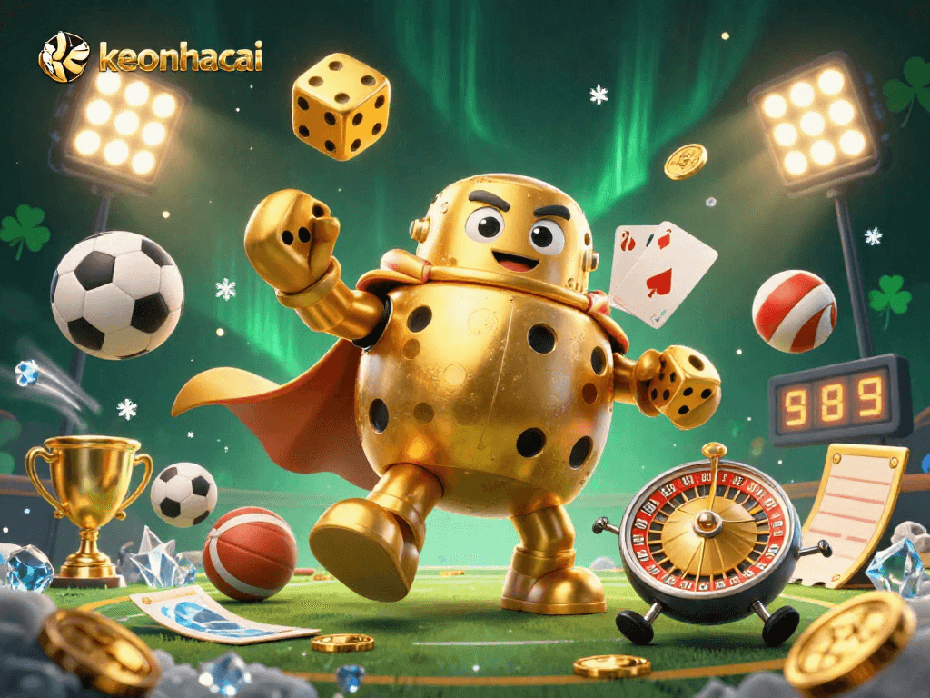 Engage in thrilling bets as keonhacai showcases a vibrant 3D casino scene with dynamic sports elements.