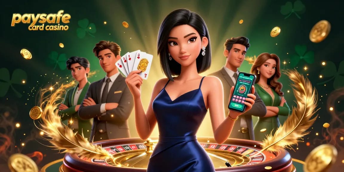 Erleben Sie spannendes Gaming im Paysafe Card Casino und genießen Sie eine glamouröse Szene mit goldenen Chips und lebhaften Karten.