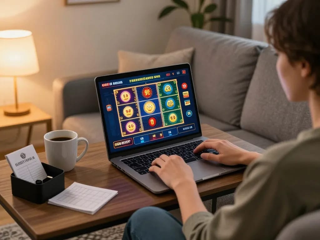Engaging gaming session on llwin3 with cozy home atmosphere, showcasing online slots and poker.