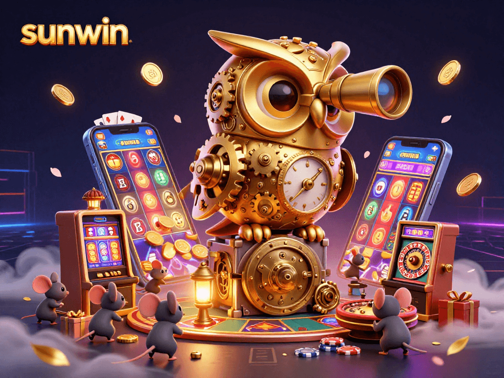 Sunwin features a clockwork golden owl overseeing an animated casino scene with vibrant game elements.