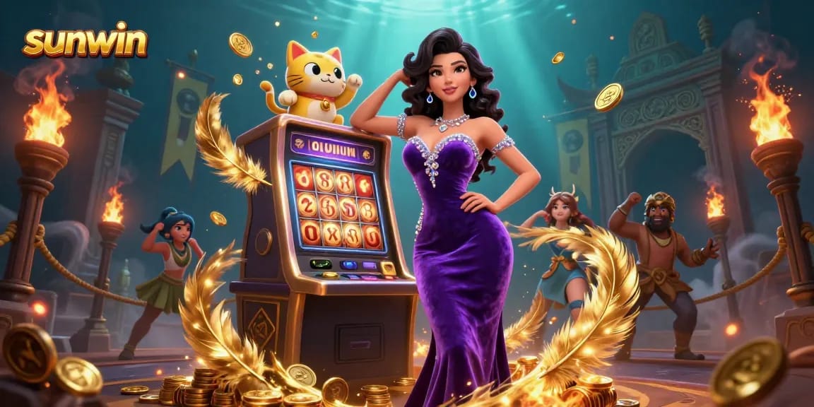 Spin and win with Sunwin in a vibrant casino scene featuring jackpots and lucky charms.