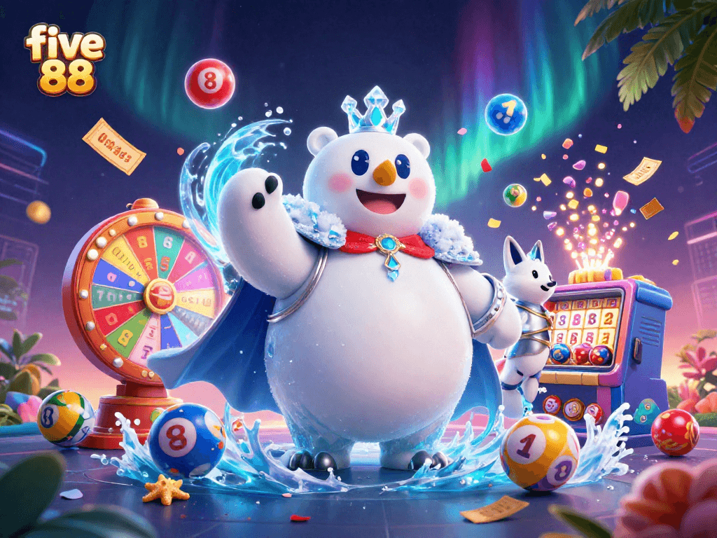 Engage in the thrilling world of five 88 with vibrant illustrations of lottery balls and joyful characters.