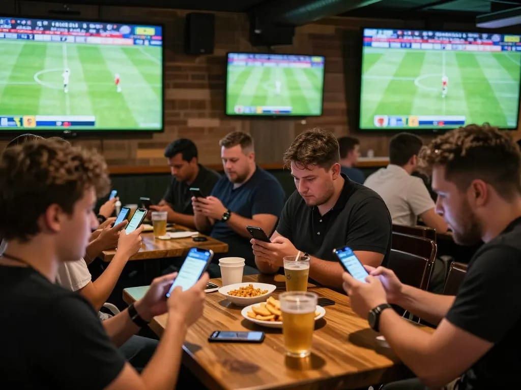 Tỷ số trực tuyến 7m displayed in a lively sports bar with patrons engaging in betting activities.