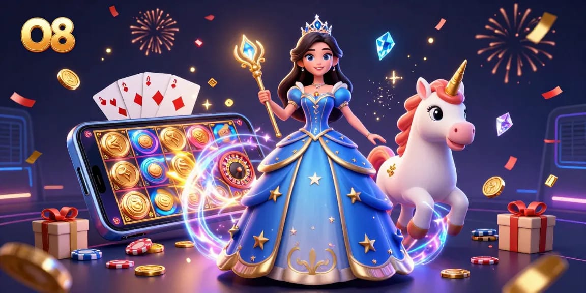 Win big with O8 in this vibrant 3D illustration showcasing a royal themed casino experience.