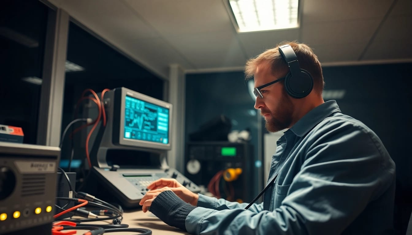 Techniker führt eine DGUV V3 Prüfung an elektrischen Geräten durch und gewährleistet die Sicherheit am Arbeitsplatz.