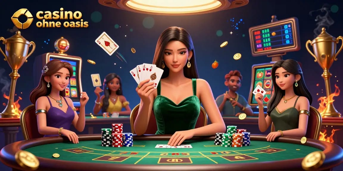 Play exciting games at casino ohne oasis, showcasing a stunning Asian woman playing cards at a luxury table.