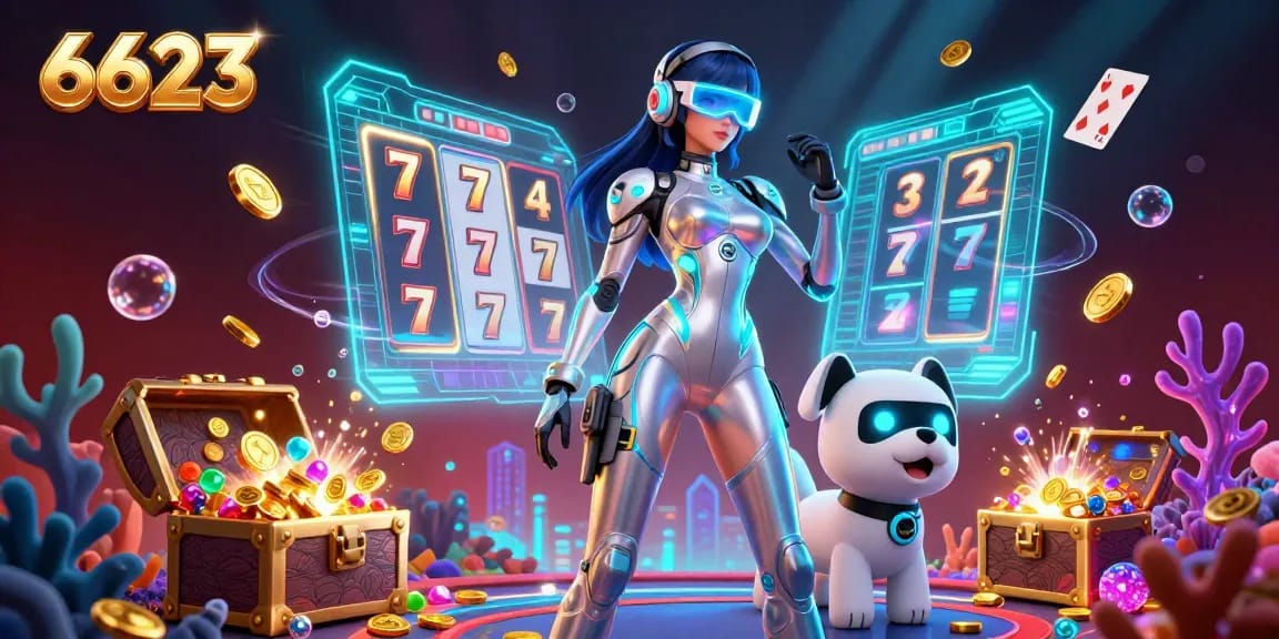 Spin the slots at 6623 with a vibrant 3D casino illustration showcasing dynamic elements and excitement.