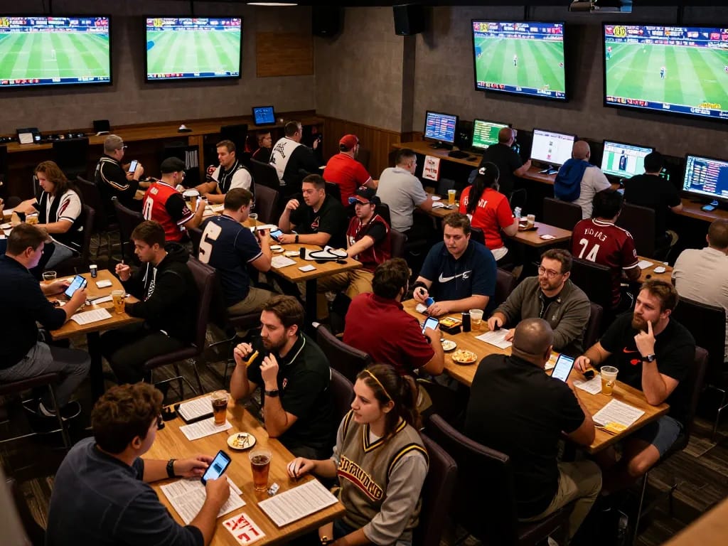 Engaged sports fans following บ้านผลบอล7m outcomes while placing bets in lively lounge atmosphere
