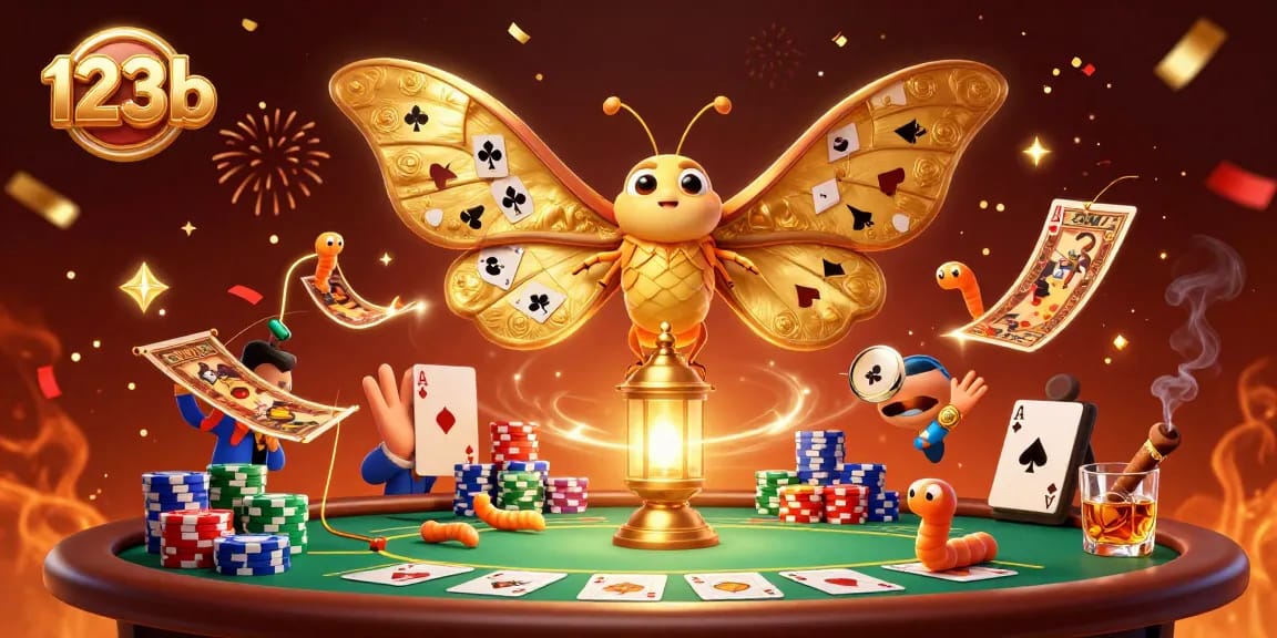 Engage in casino thrills at 123b with poker tables, vibrant chips, and golden motifs.