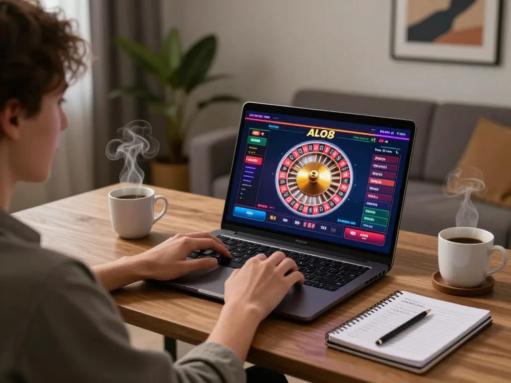 Player engaging in ALO8 online casino games with a vibrant roulette wheel on screen