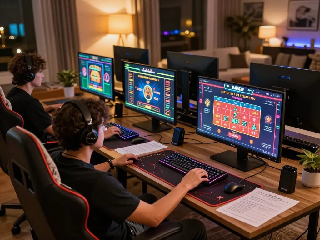 Engaging in online betting on MK8 with multiple screens showing casino games and strategic notes.