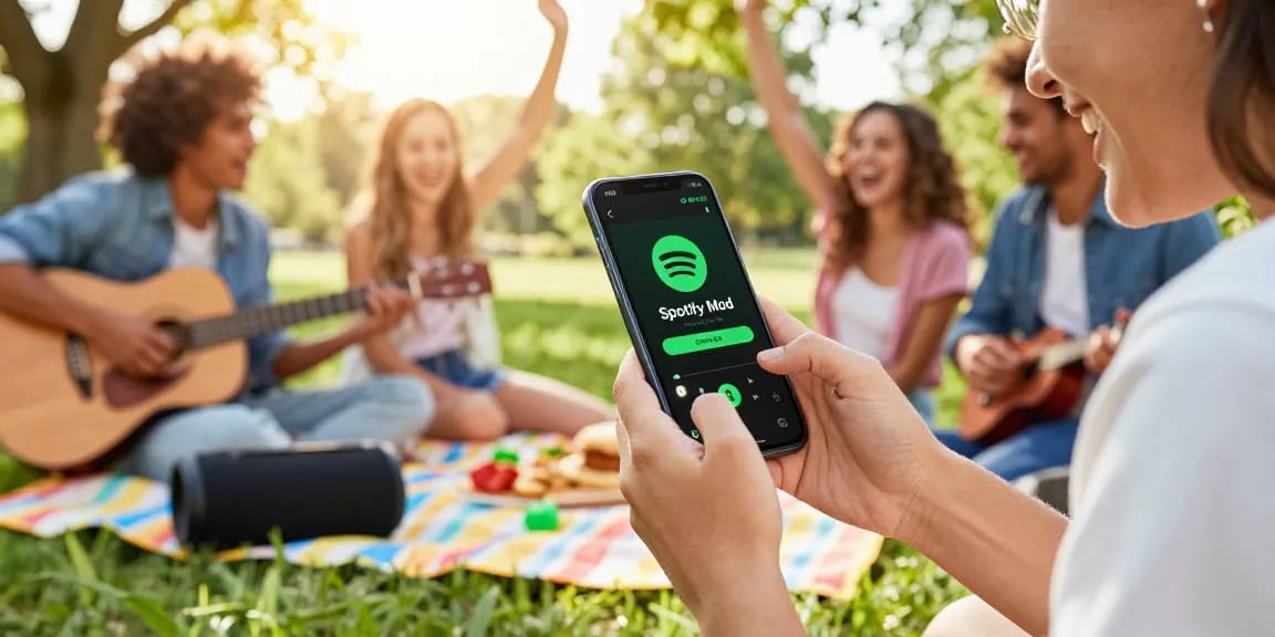 Enjoying Spotify Mod during an outdoor picnic with friends, featuring vibrant atmosphere and music.