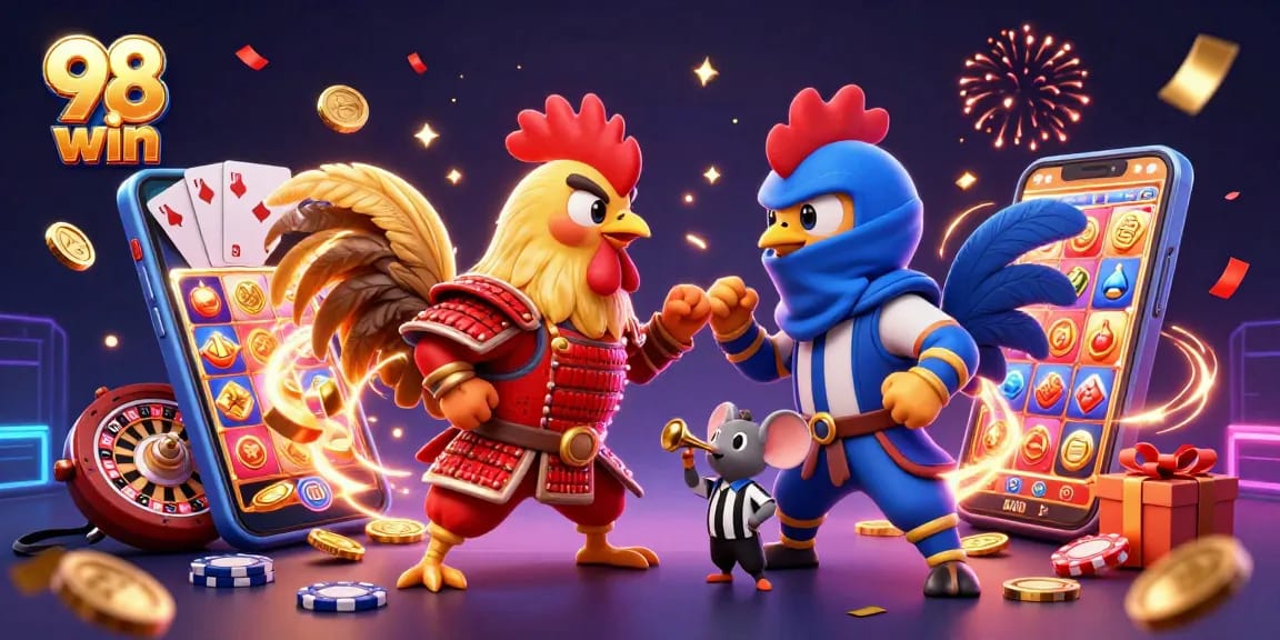 Bet on exciting 98 win fights with animated roosters and gambling elements in a vibrant illustration.
