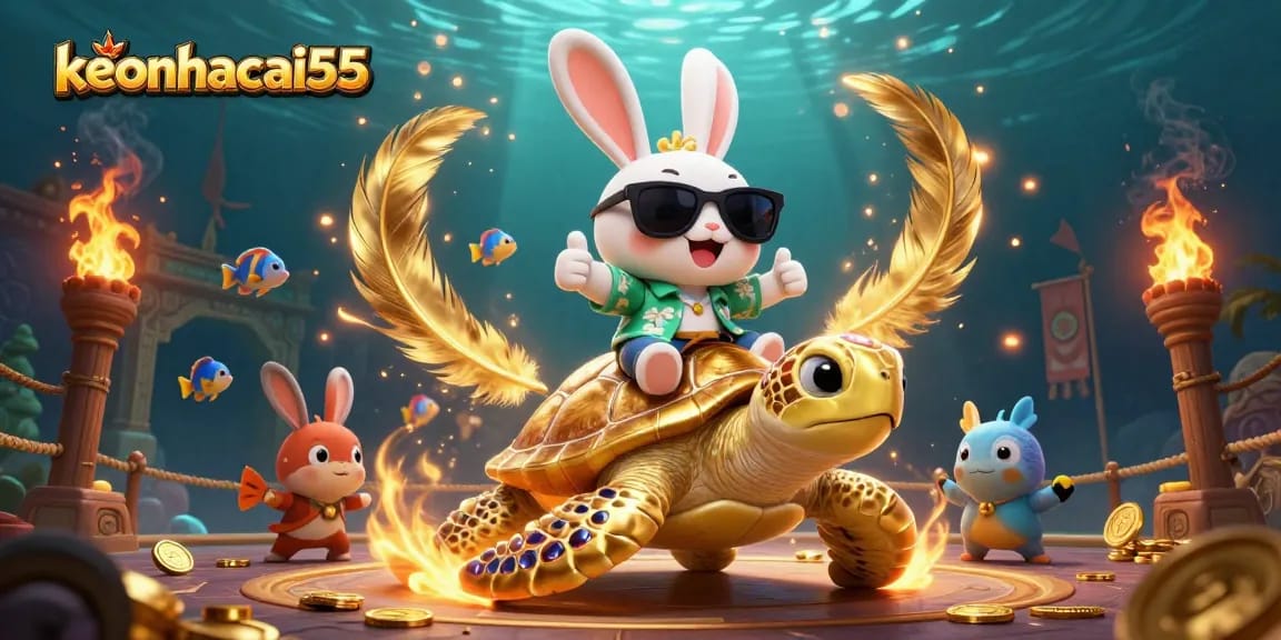 Engage with exciting games and vibrant visuals at keonhacai55, featuring a lucky rabbit on a golden turtle.