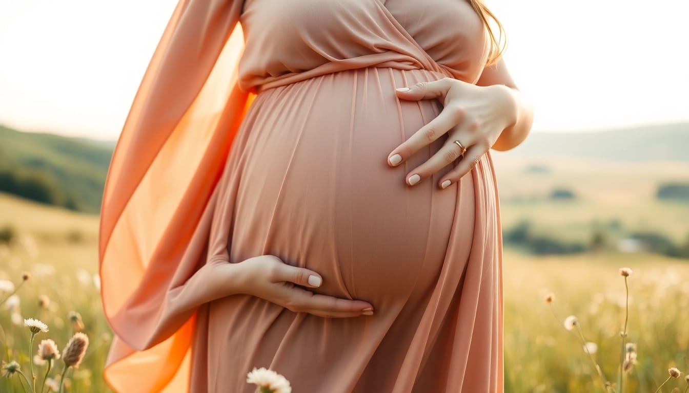Wunderschönes Babybauch Fotoshooting einer Schwangeren im Freien, umgeben von Natur.