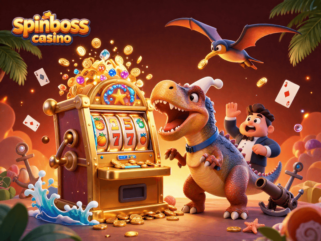 Spinnerlebnis im spinboss casino mit einem Pachycephalosaurus an einem Spielautomaten.