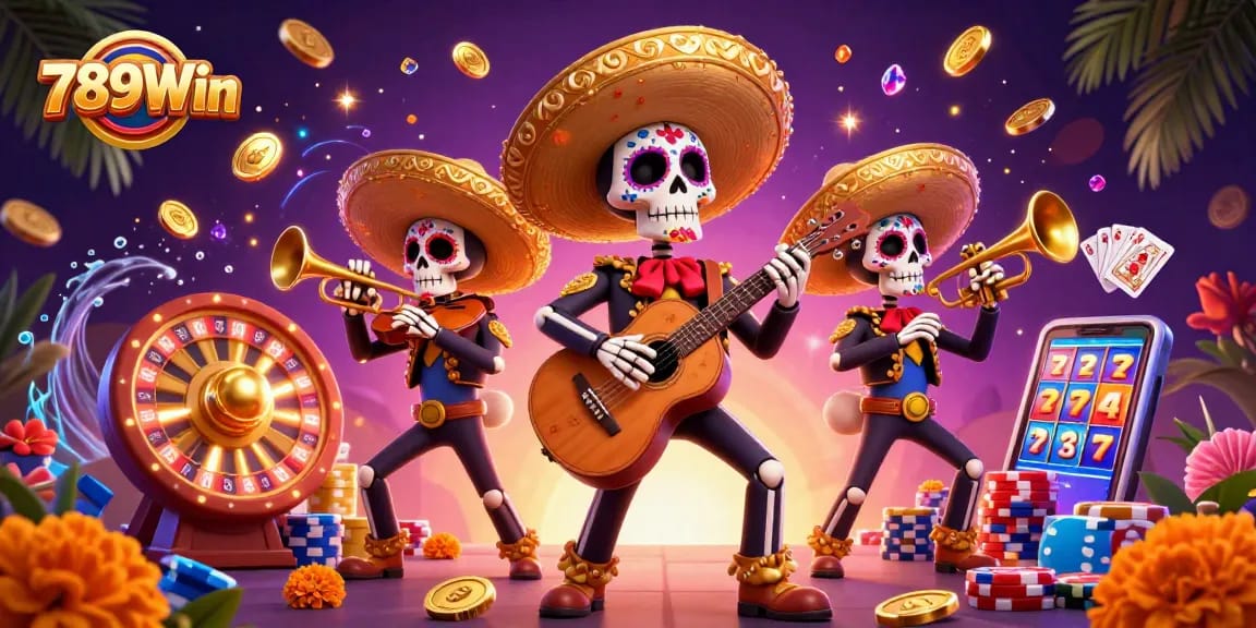 Play vibrant slots at 789Win with a colorful mariachi band in a lively casino scene.
