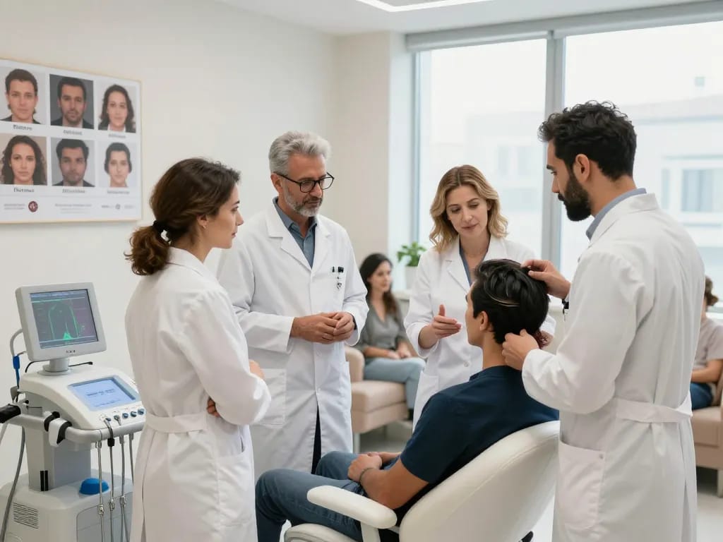 Konsultation für Haartransplantation Türkei in einer modernen Klinik mit medizinischen Fachkräften, die über Haarwiederherstellung diskutieren.