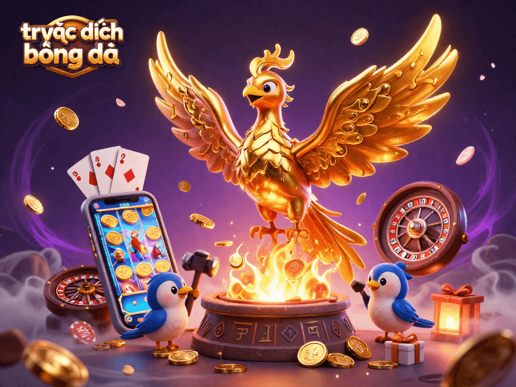 Experience trực tiếp bóng đá in vibrant 3D with a golden phoenix and interactive gaming elements.