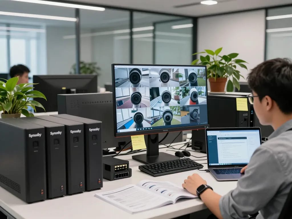 Überwachungssetup mit Kameras in einem modernen Büro, das lizenzierte Synology-Produkte und mehrere Feeds zeigt