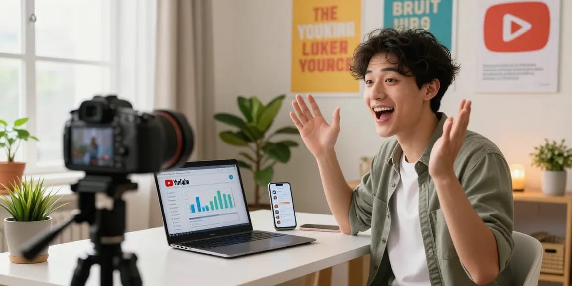 Junge Content Creator, die YouTube Likes kaufen analysiert, in kreativem Home Office.