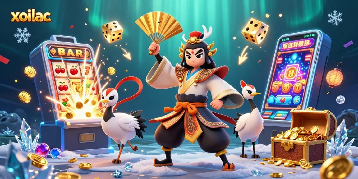 Xoilac showcases a vibrant 3D casino scene featuring kabuki warrior, slot machine, and dynamic game elements.