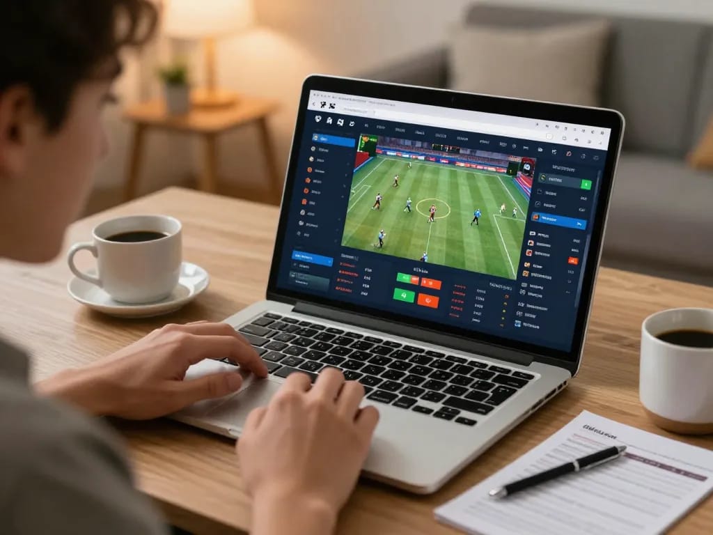 Engaging online betting session on laptop, utilizing mb668 for real-time sports analysis.