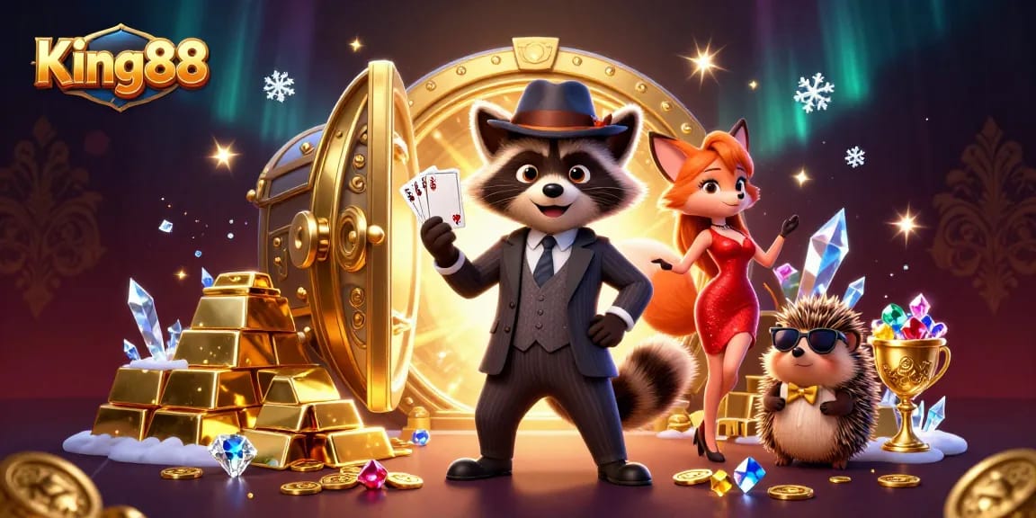 Experience excitement at King88 with a dynamic casino scene showcasing a royal flush hand.