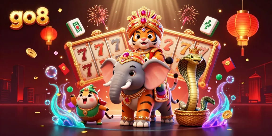 Experience the thrill of go8 with a vivid representation of gambling excitement, featuring a cartoon maharaja and slot elements.