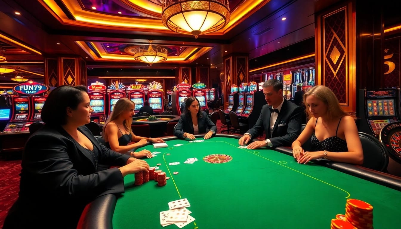 Enjoy thrilling poker action at fun79 with vibrant chip stacks and luxury casino ambiance.