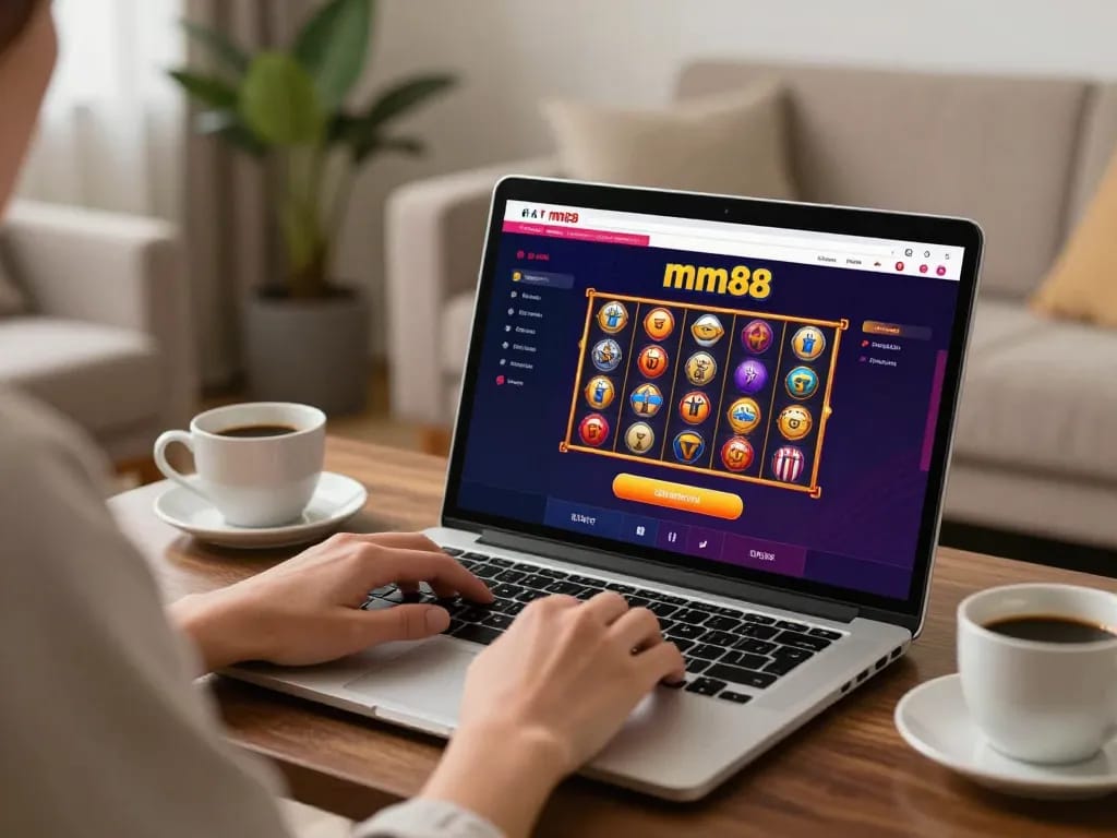 Play mm88 slots on a cozy laptop setup in a warm living room.