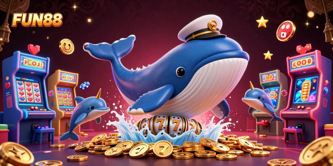 Engage with FUN88's exciting online casino experience featuring vibrant whale, narwhal, and dolphins.