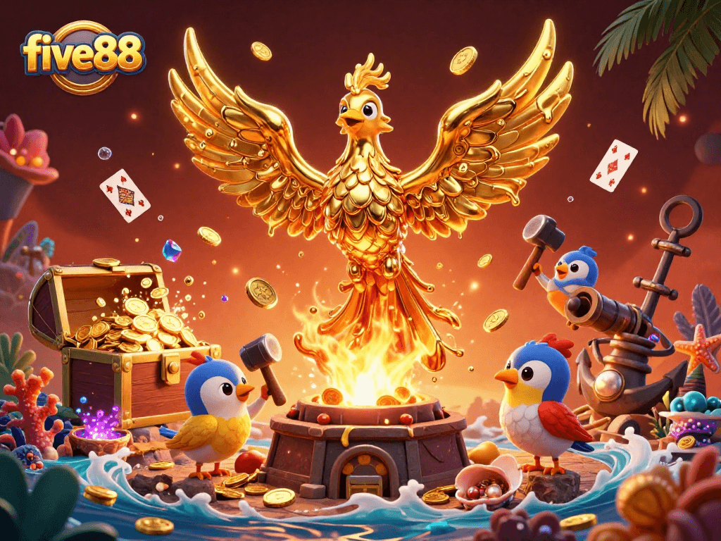 Embrace the vibrant casino world with five88's molten phoenix and treasure-filled underwater scenes.