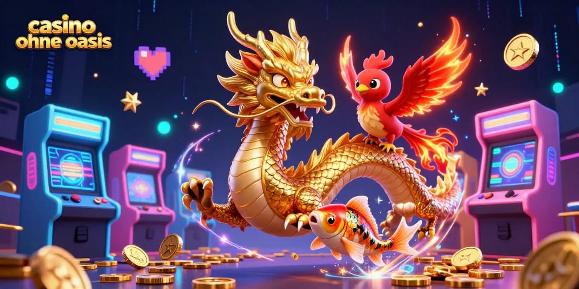 Bet and win big at a casino ohne oasis, featuring a dragon, phoenix, and koi fish amidst vibrant casino elements.