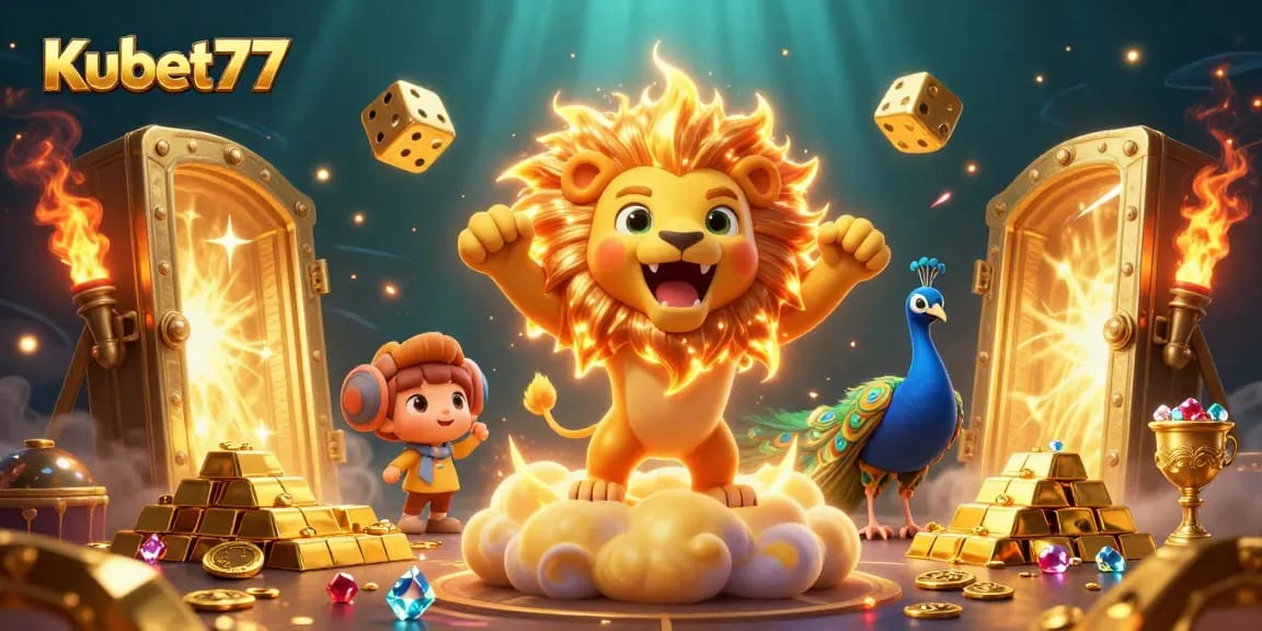 Engage in thrilling gaming experiences at Kubet77 with vibrant 3D visuals of a roaring lion and golden casino treasures.