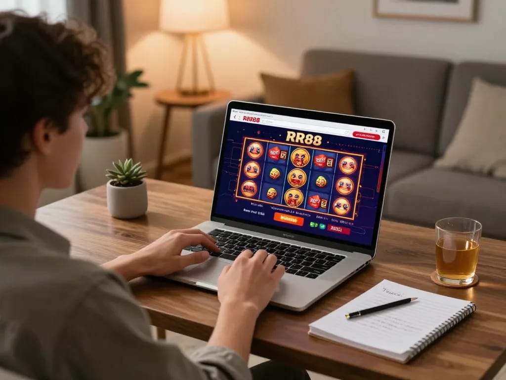 Player engaging with RR88's online casino, showcasing gameplay on a laptop in a stylish home office.