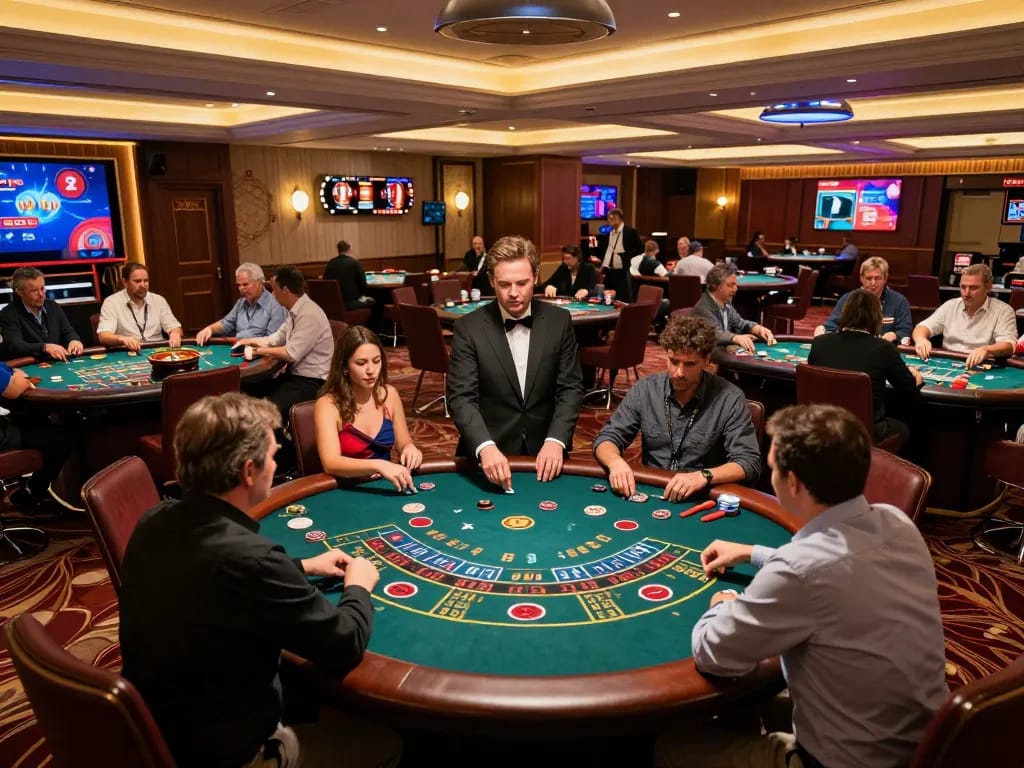 Engaging with Staubbindematte für Labor und Reinraum at a casino table game, players examining their strategies amidst vibrant casino ambiance