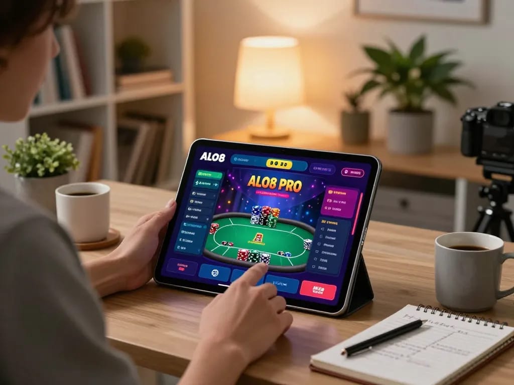 Engaging with ALO8 PRO on a tablet for strategic poker gameplay in a stylish home.