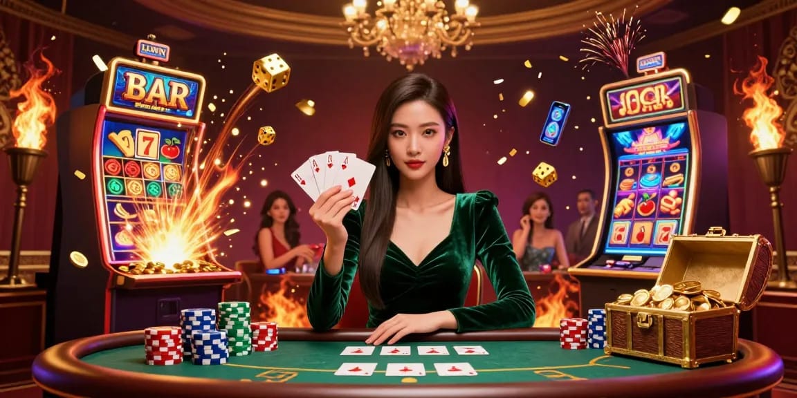 Engage in thrilling slots and poker action at LLWIN, showcasing a stunning casino atmosphere.