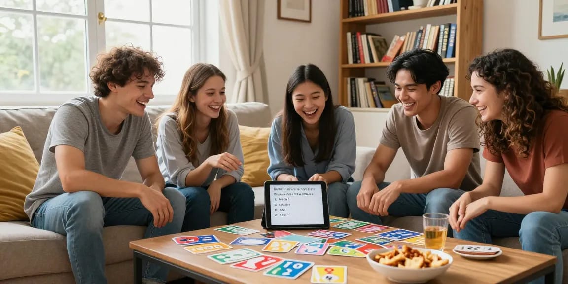 Freunde testen ihr Wissen beim Quiz Allgemeinwissen in einem gemütlichen Wohnzimmer.