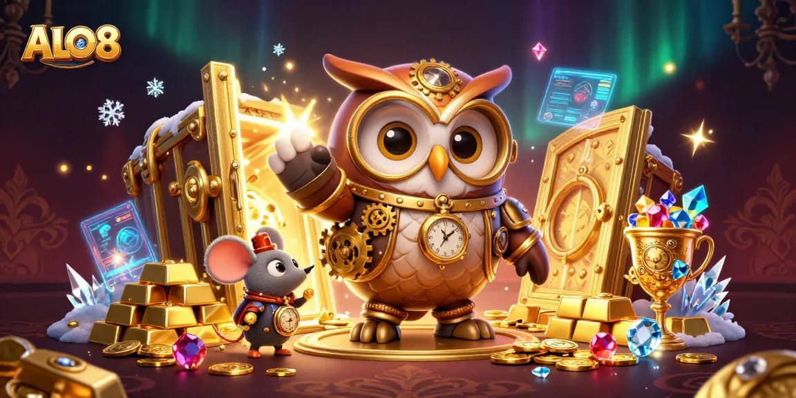 Experience ALO8's thrilling world of online gambling as the cartoon owl gears up for an adventure.